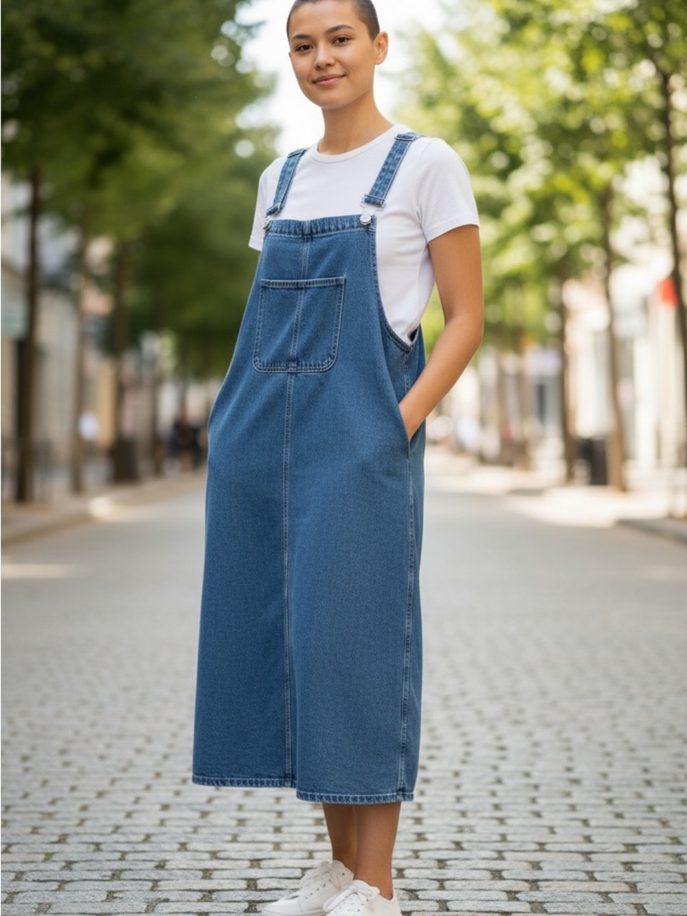 Denim Overall Pinafore Dress in Blue in Size Medium